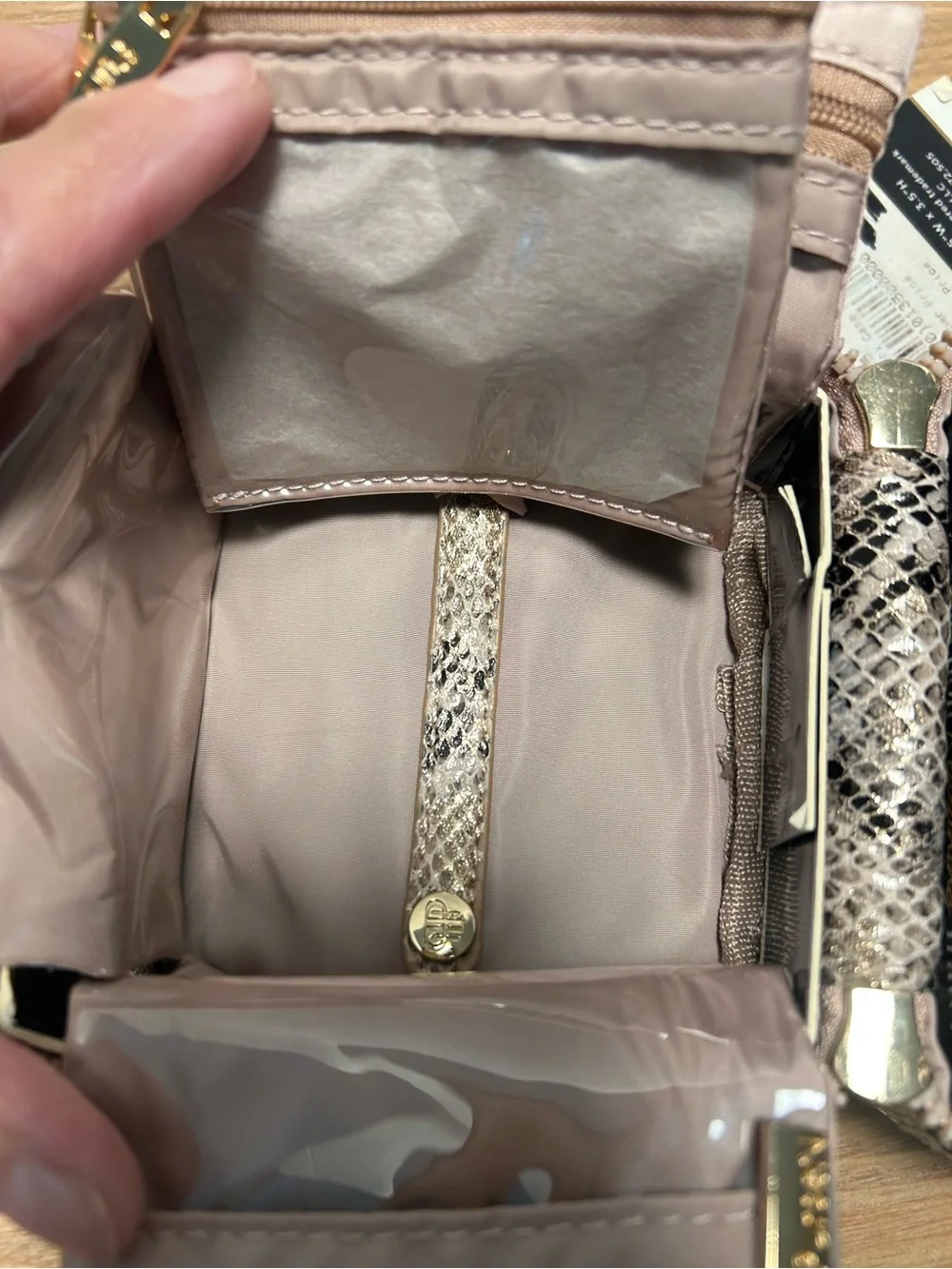 PurseN Snake-Print Cosmetic Case in Brown and Beige with Gold Accents